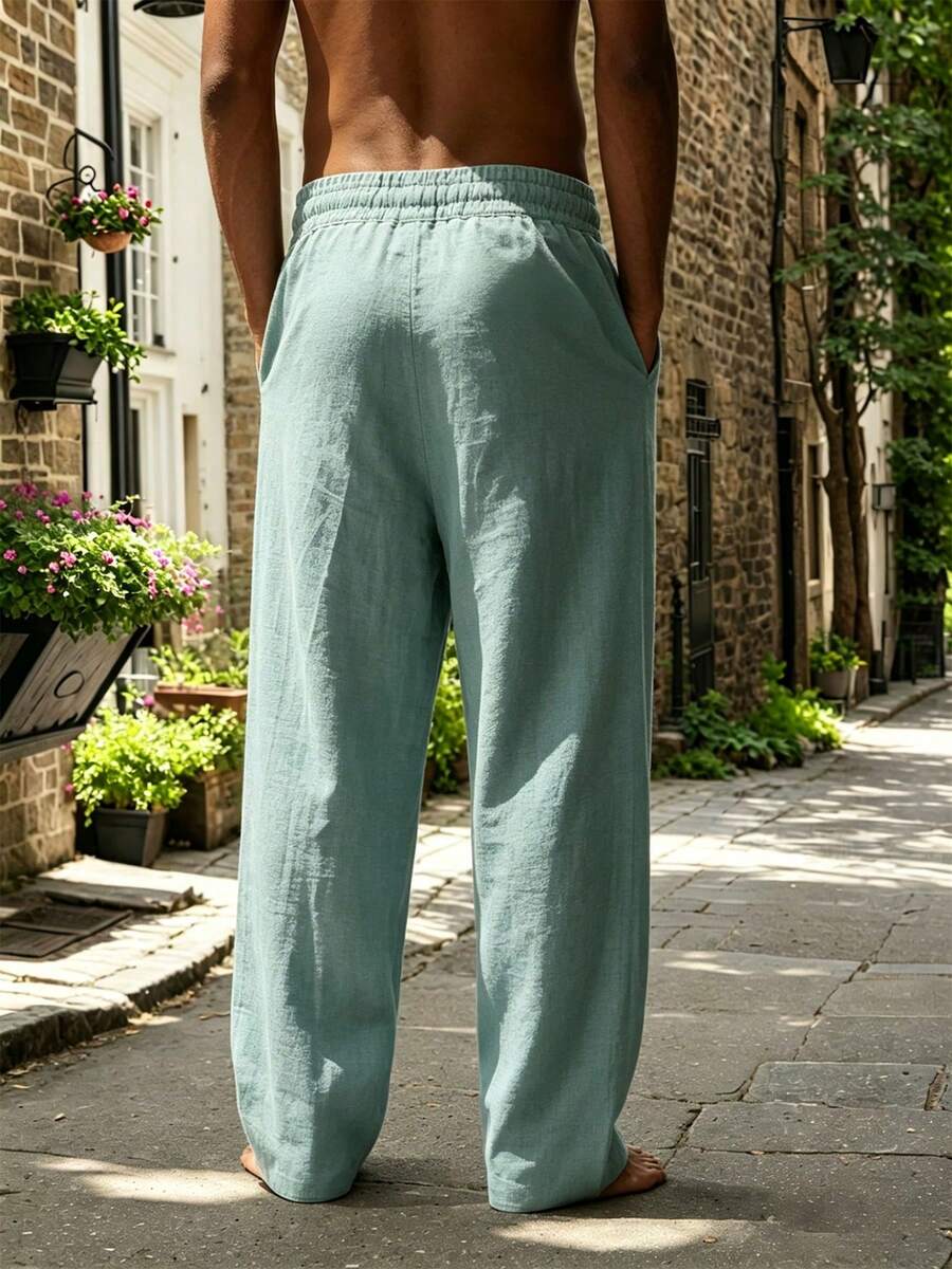 Pantalones casuales sueltos de lino negro tejido, adecuados para primavera/otoño/verano
