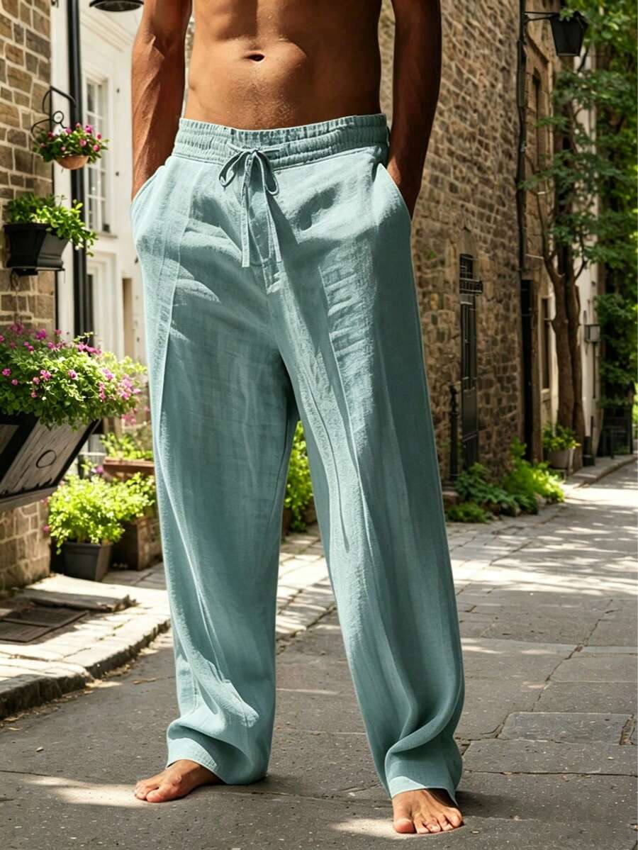 Pantalones casuales sueltos de lino negro tejido, adecuados para primavera/otoño/verano