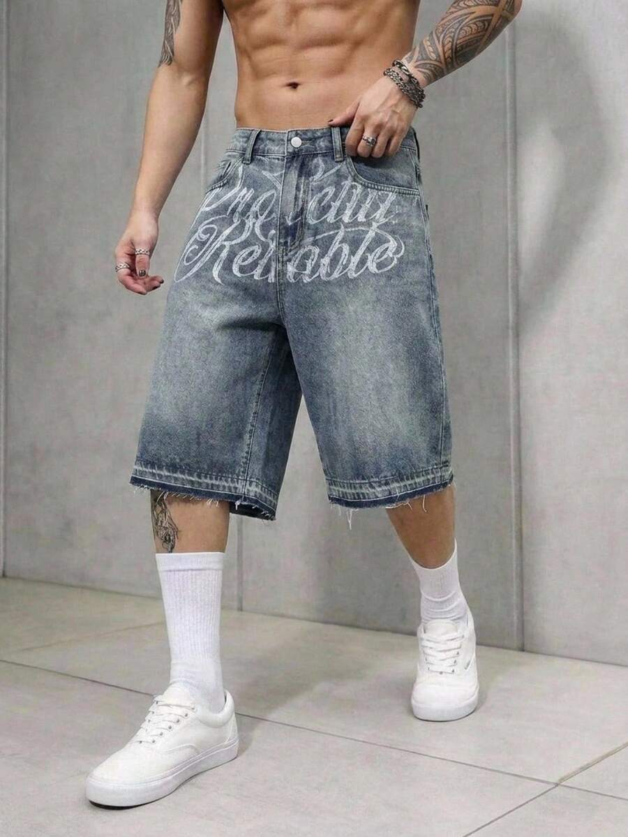 Pantalones cortos de mezclilla lavada con bordado para hombres