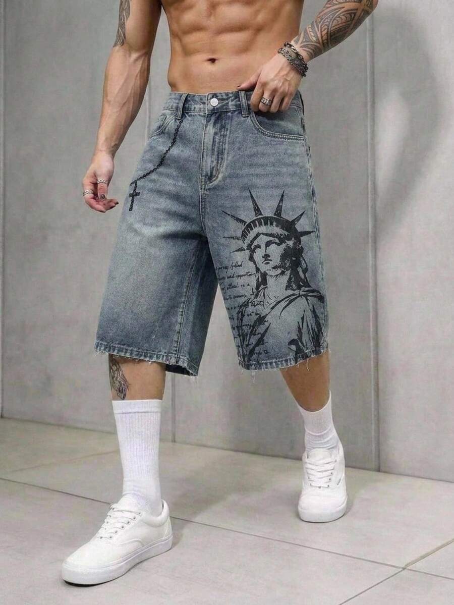 Pantalones cortos de mezclilla lavada con bordado para hombres