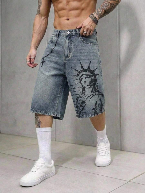 Pantalones cortos de mezclilla lavada con bordado para hombres