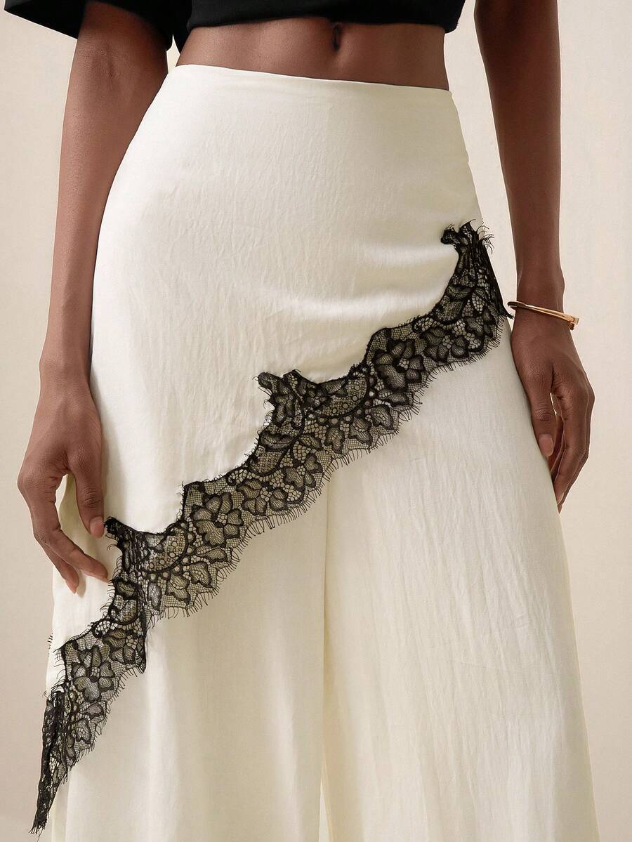 Pantalones anchos de pierna ancha con encaje