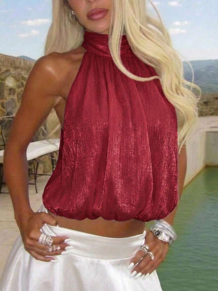 Blusa de verano casual de mujer con estampado de lunares y escote halter