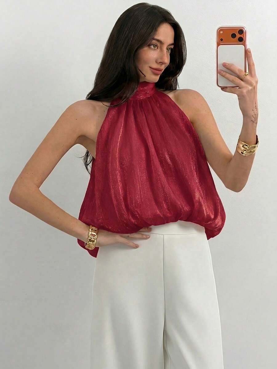Blusa de verano casual de mujer con estampado de lunares y escote halter