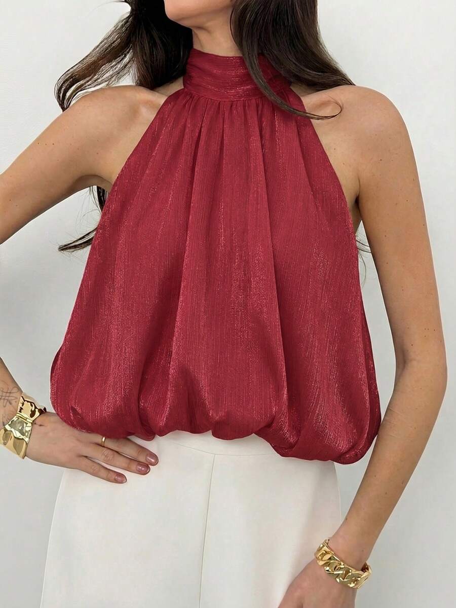 Blusa de verano casual de mujer con estampado de lunares y escote halter