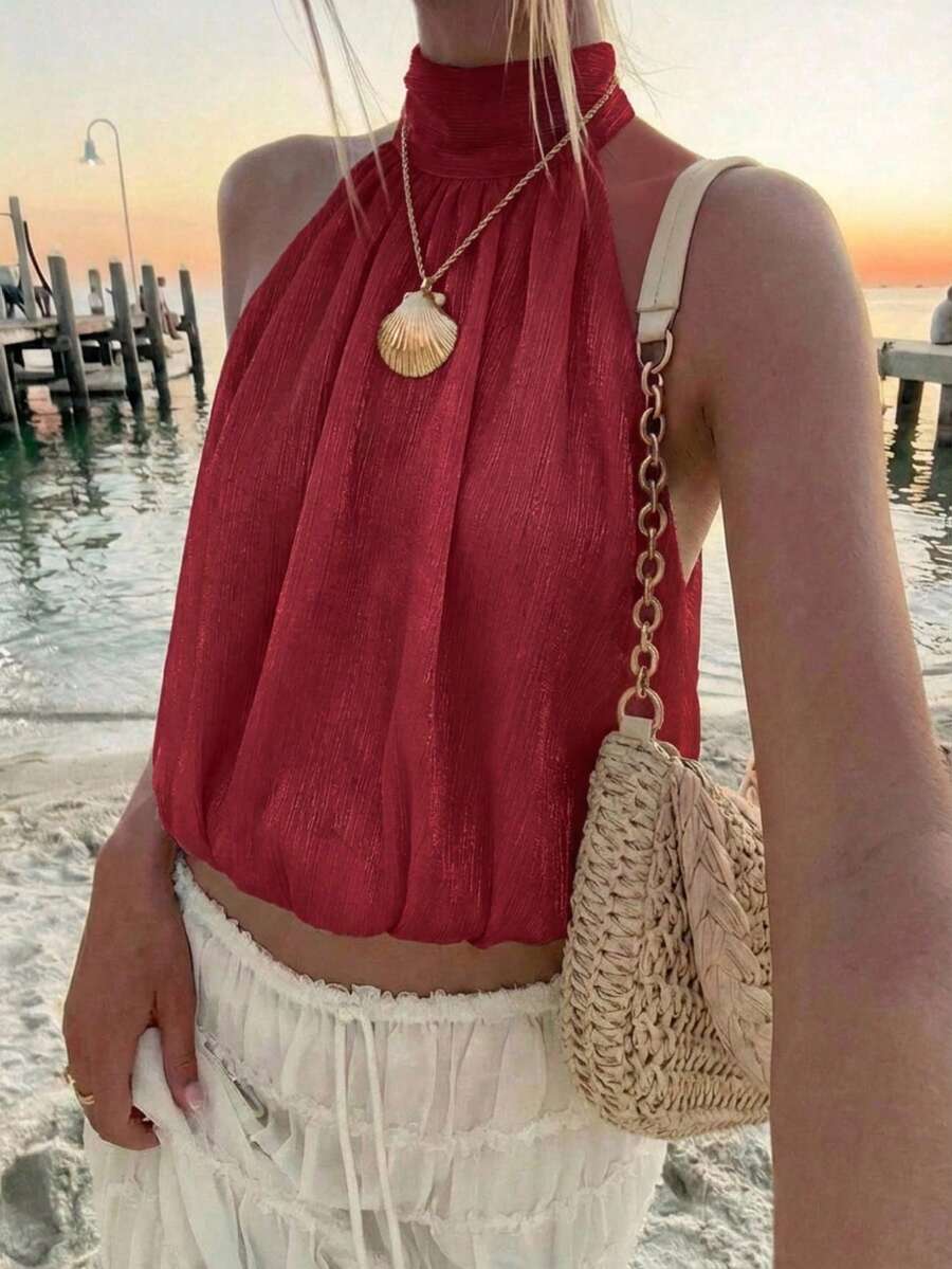 Blusa de verano casual de mujer con estampado de lunares y escote halter