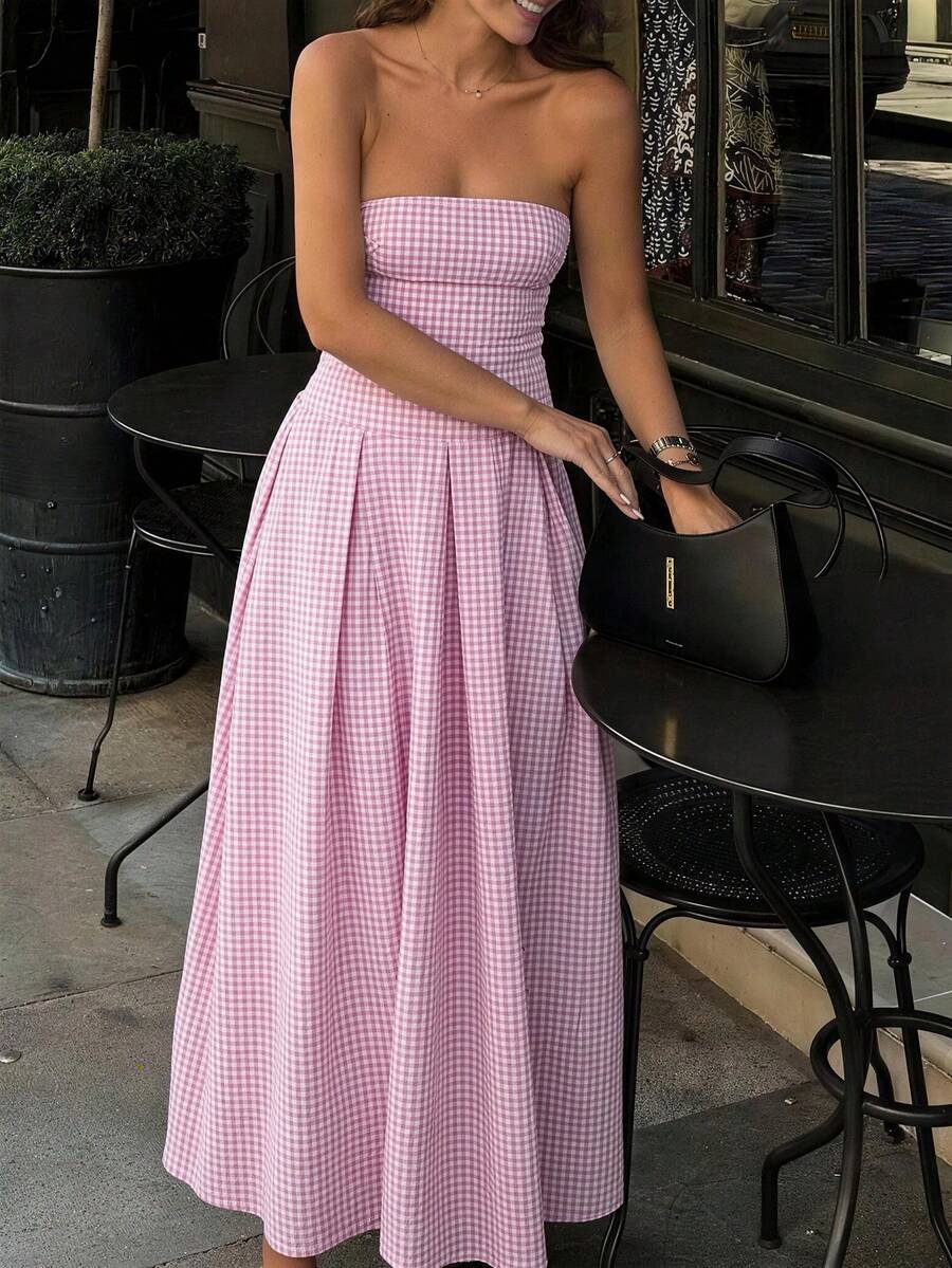 Vestido estampado de cuadros sin tirantes para mujer