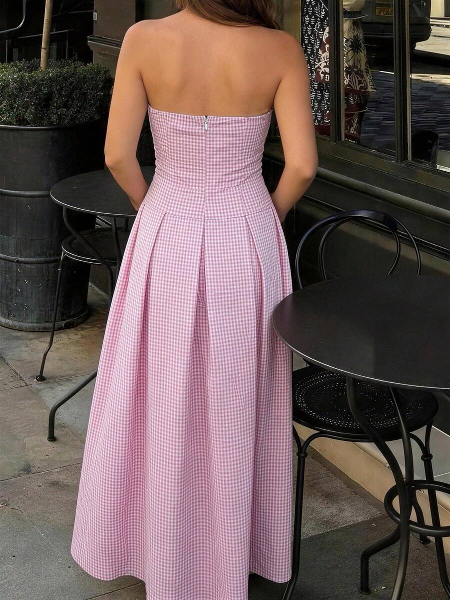 Vestido estampado de cuadros sin tirantes para mujer