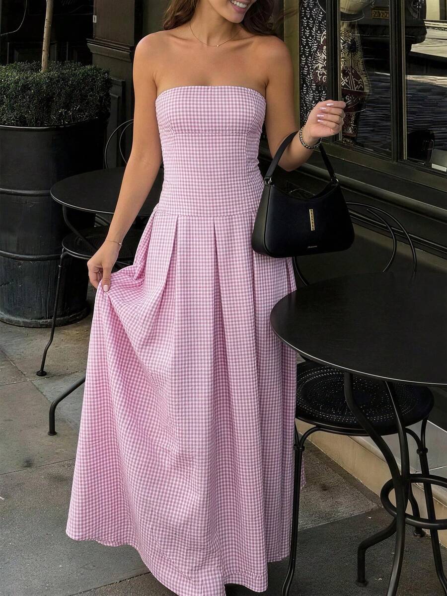 Vestido estampado de cuadros sin tirantes para mujer
