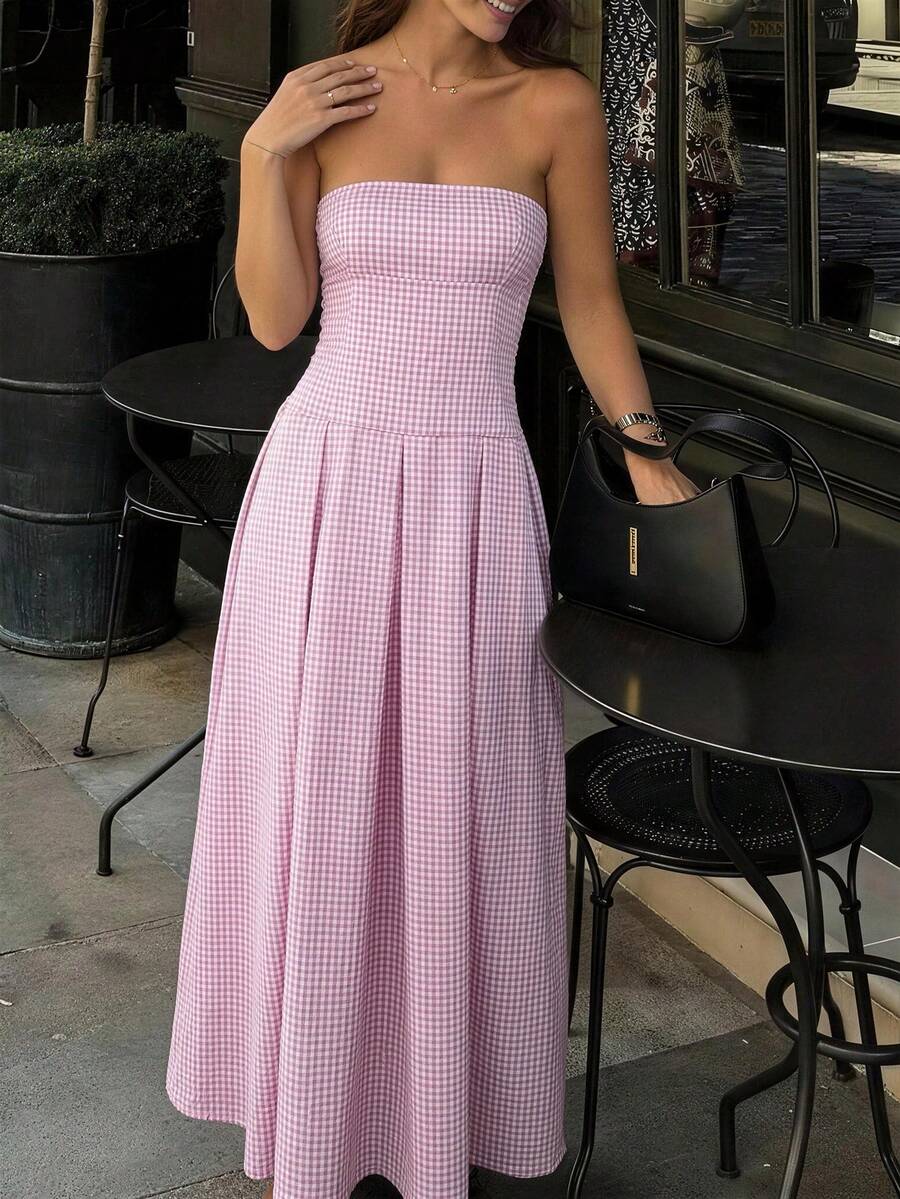 Vestido estampado de cuadros sin tirantes para mujer