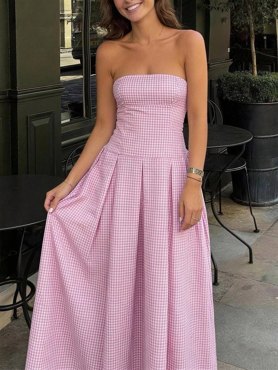 Vestido estampado de cuadros sin tirantes para mujer