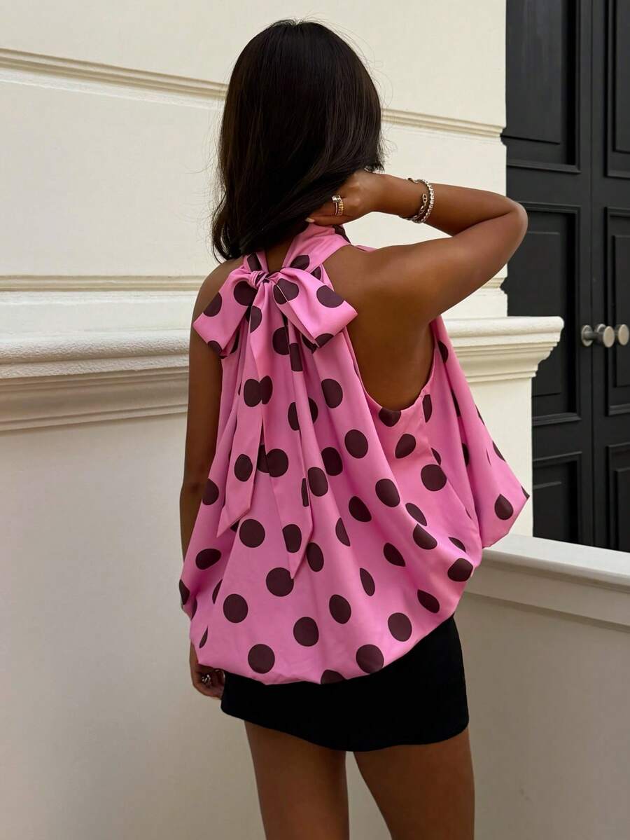 Blusa de verano casual de mujer con estampado de lunares y escote halter