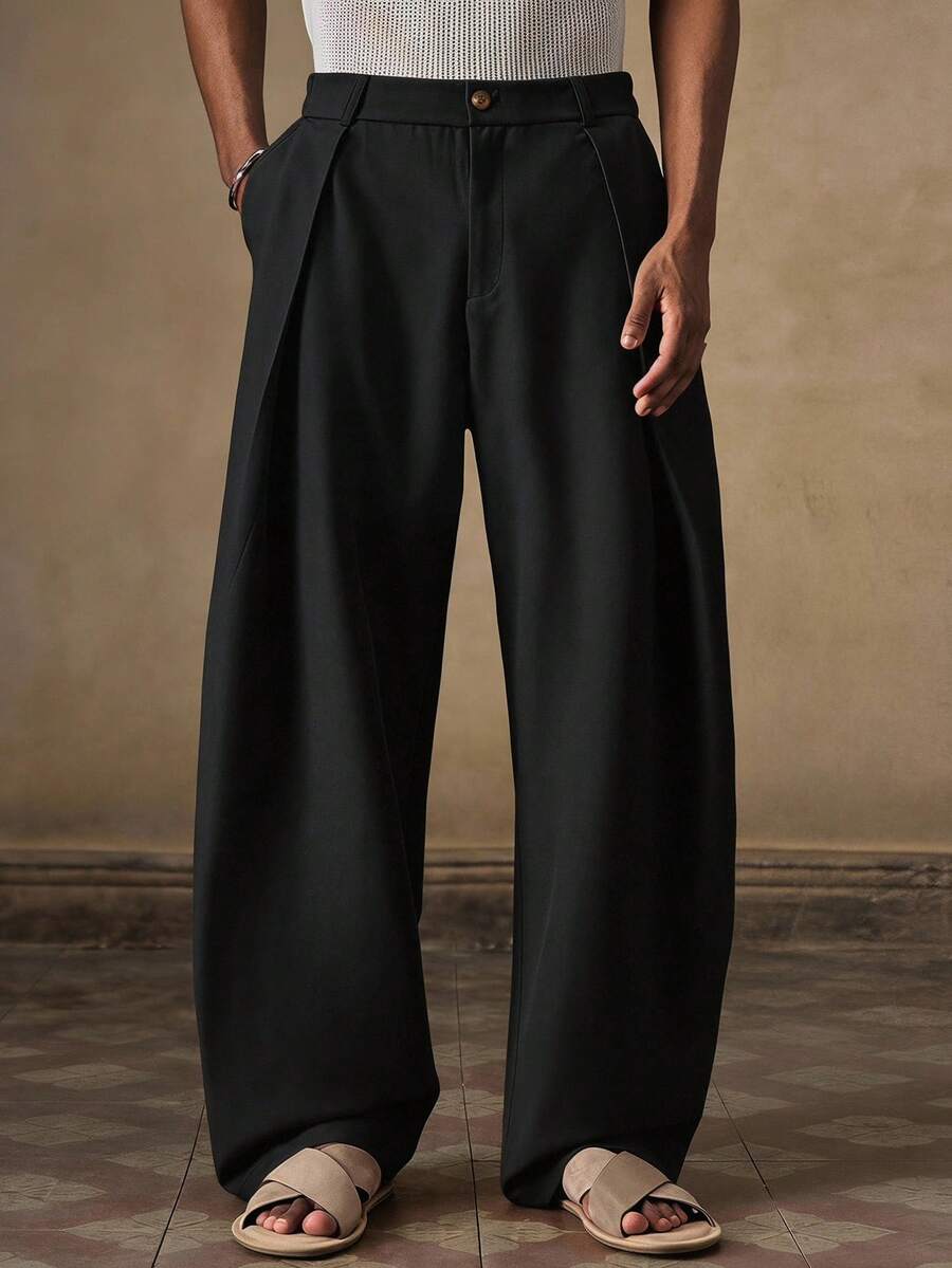 Pantalones de cintura alta y pierna ancha para hombre con frente plisado