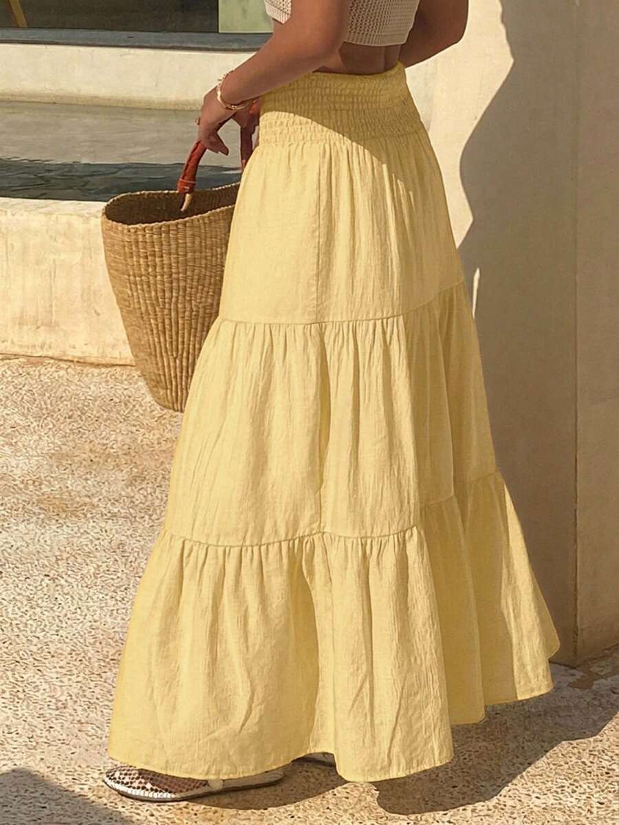 DAZY Falda acampanada de verano para mujer con volantes en el bajo, de color liso y textura.