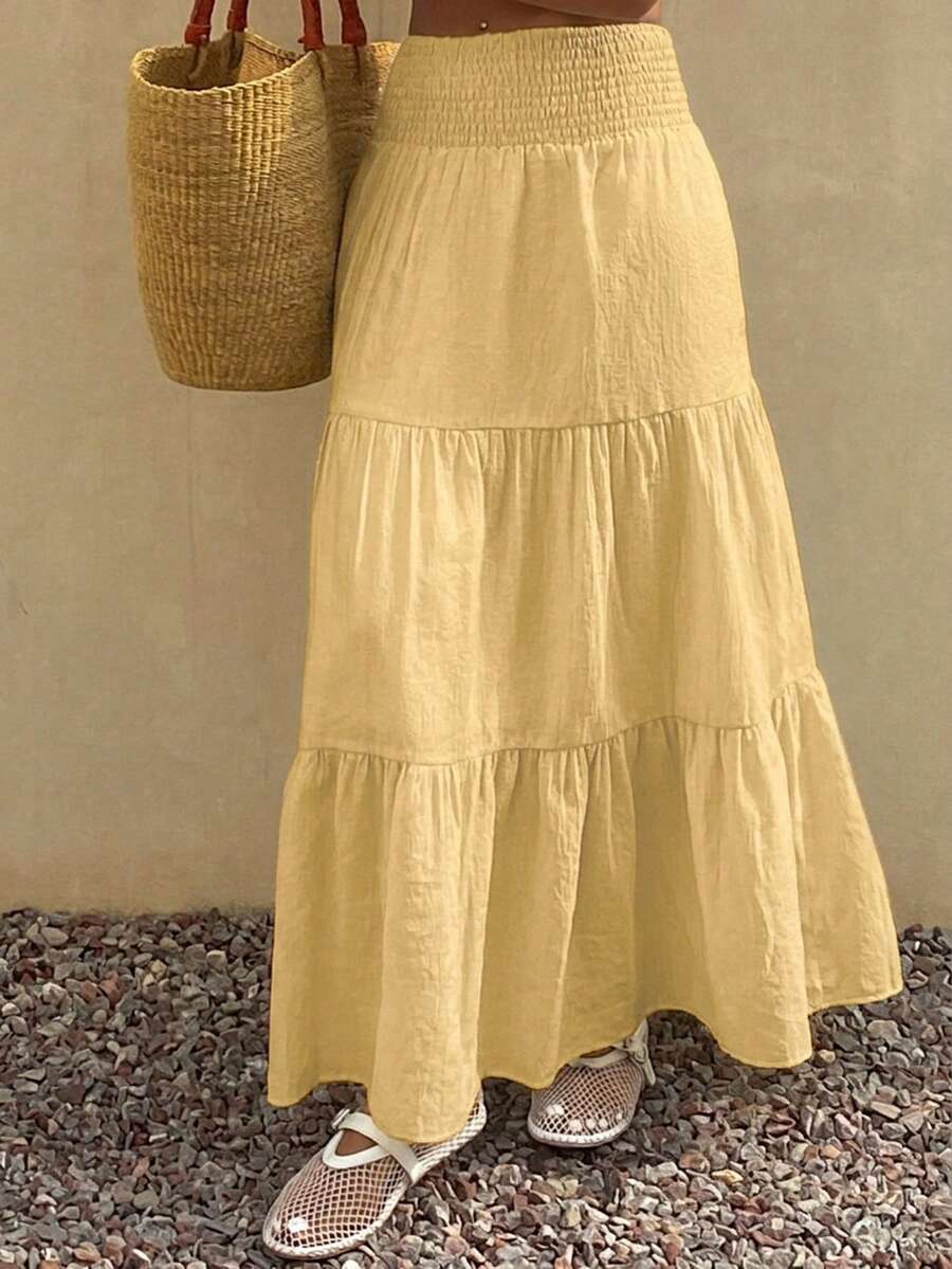 DAZY Falda acampanada de verano para mujer con volantes en el bajo, de color liso y textura.