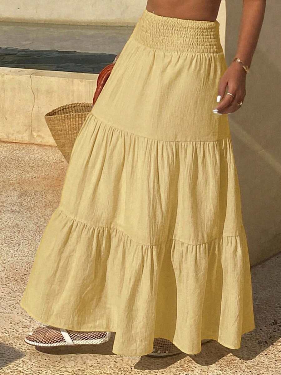 DAZY Falda acampanada de verano para mujer con volantes en el bajo, de color liso y textura.