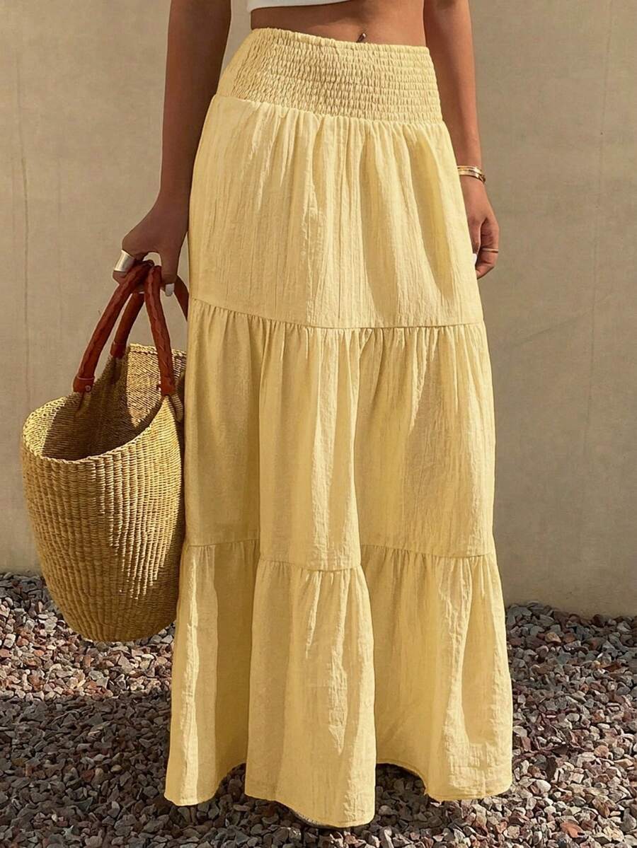 DAZY Falda acampanada de verano para mujer con volantes en el bajo, de color liso y textura.