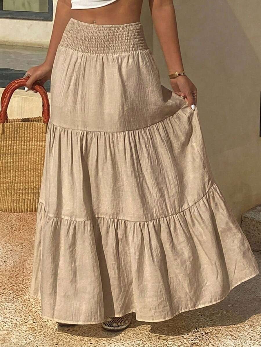 DAZY Falda acampanada de verano para mujer con volantes en el bajo, de color liso y textura.