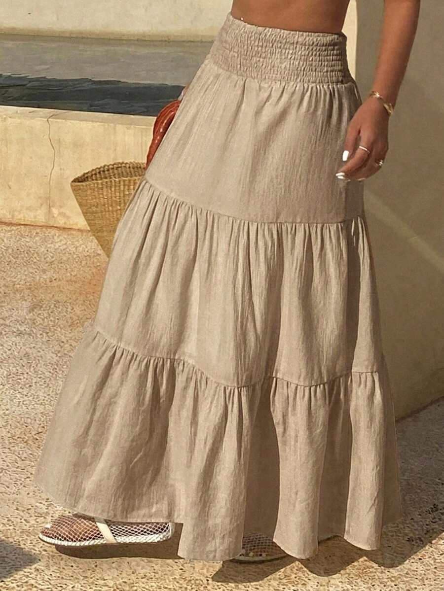 DAZY Falda acampanada de verano para mujer con volantes en el bajo, de color liso y textura.