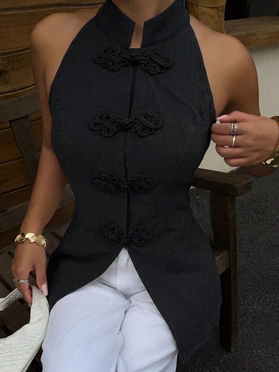 Top sin mangas con botones de estilo chino