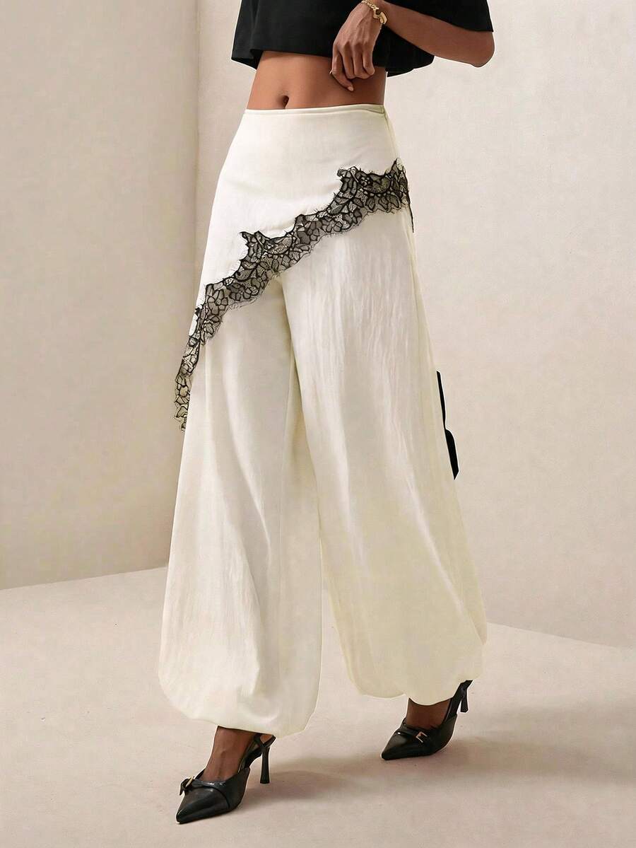 Pantalones anchos de pierna ancha con encaje