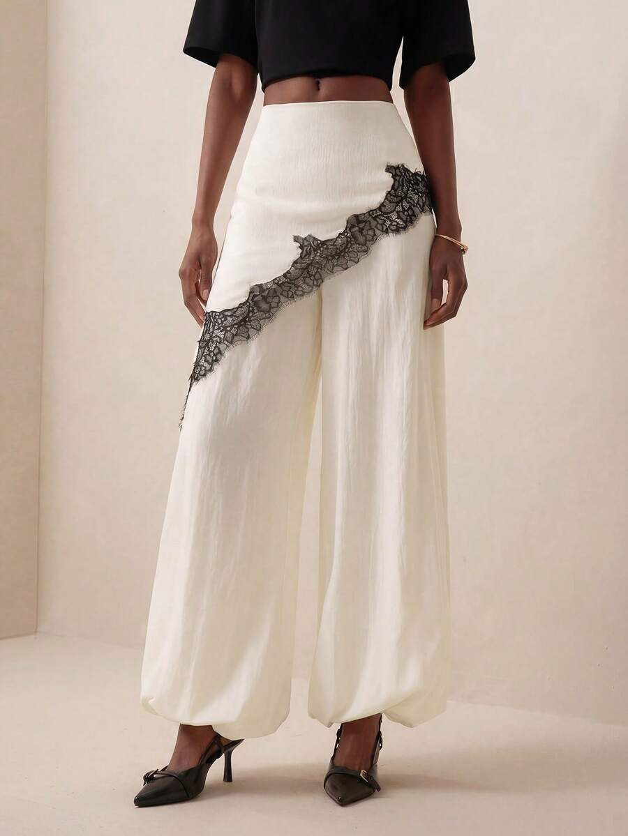 Pantalones anchos de pierna ancha con encaje
