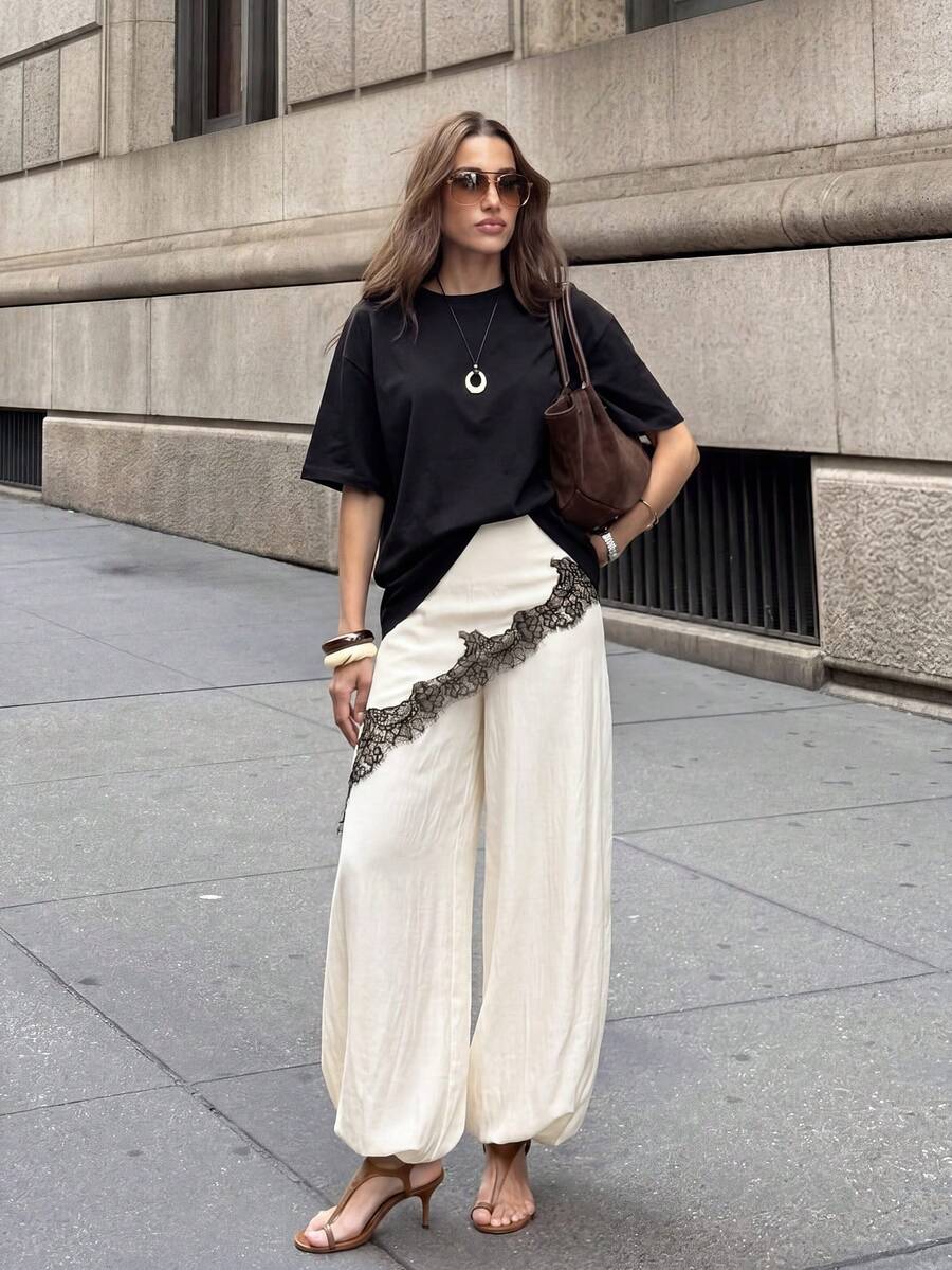 Pantalones anchos de pierna ancha con encaje