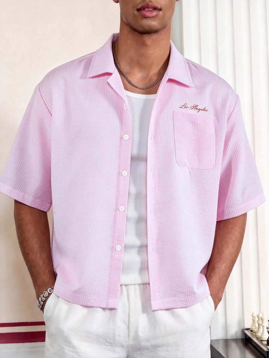 Camisa de manga corta de unicolor con estampado casual de verano para hombre