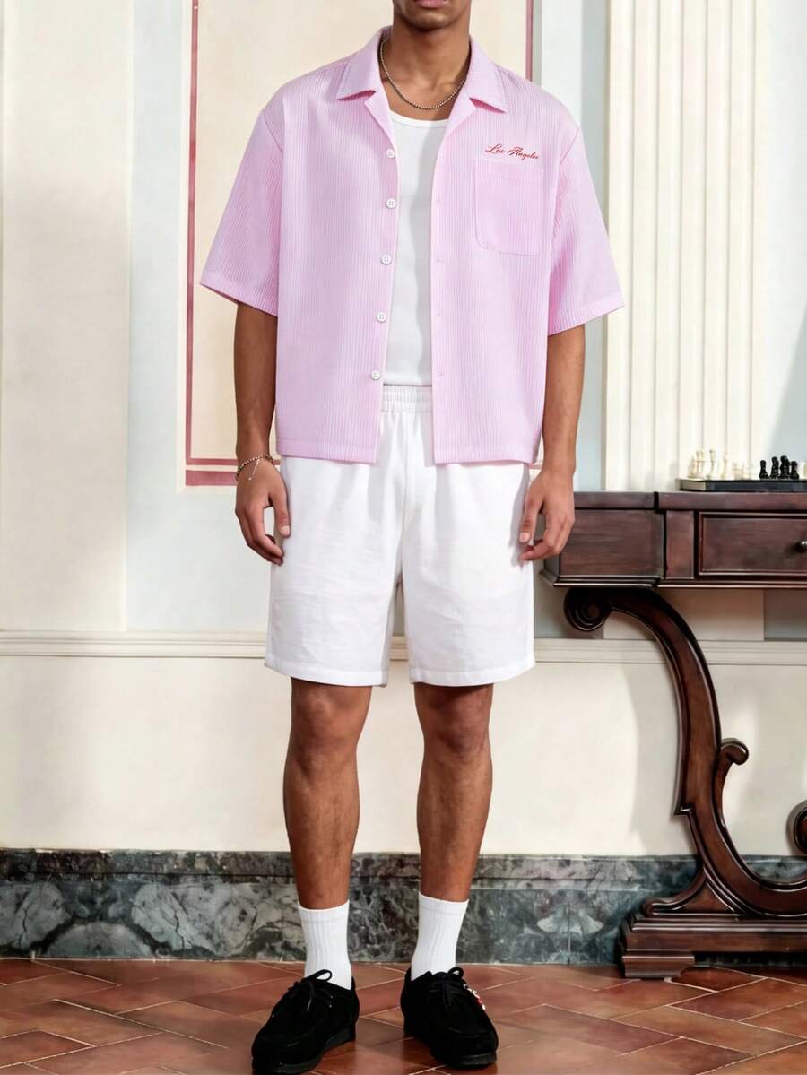 Camisa de manga corta de unicolor con estampado casual de verano para hombre