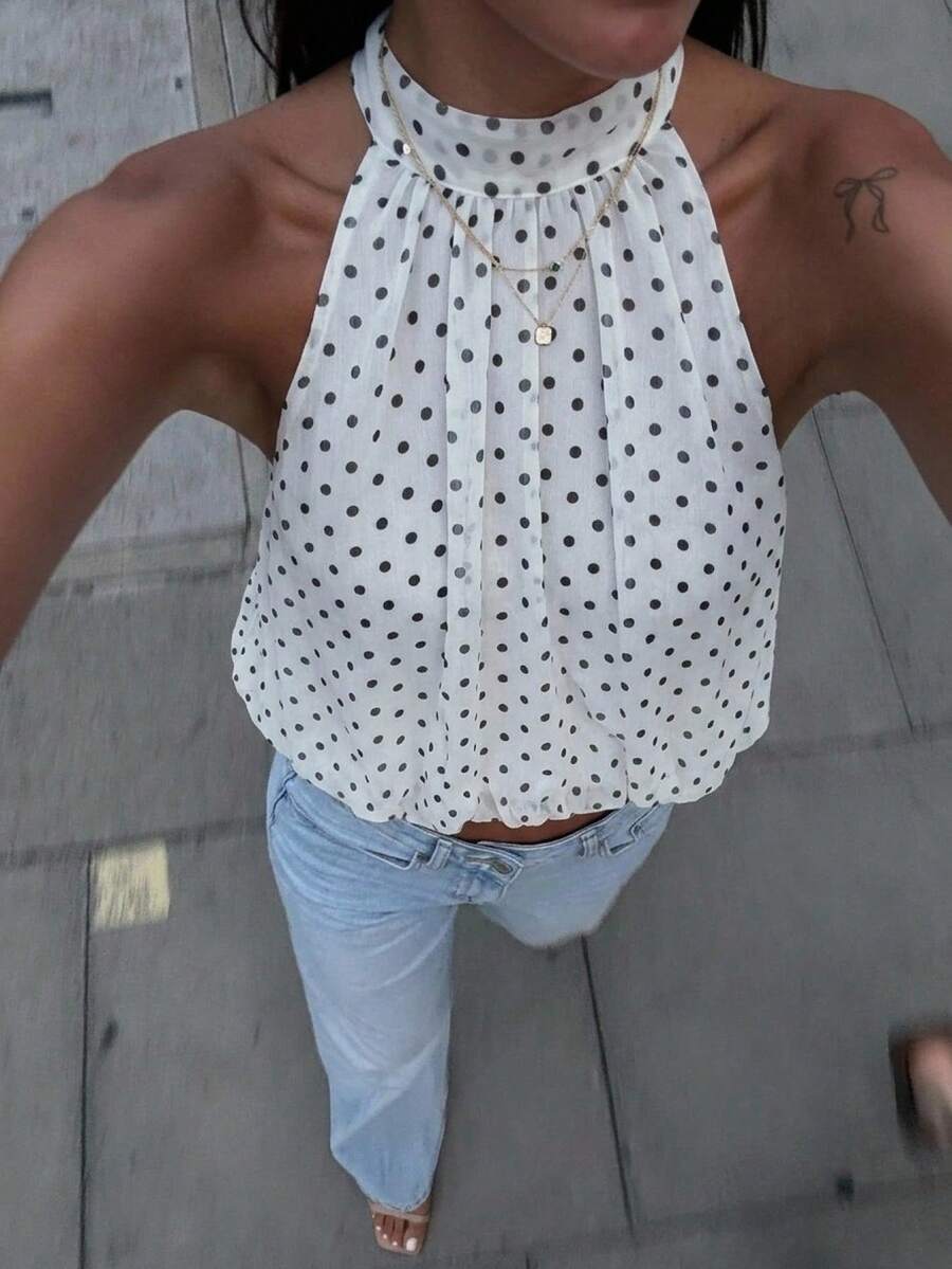 Blusa de verano casual de mujer con estampado de lunares y escote halter