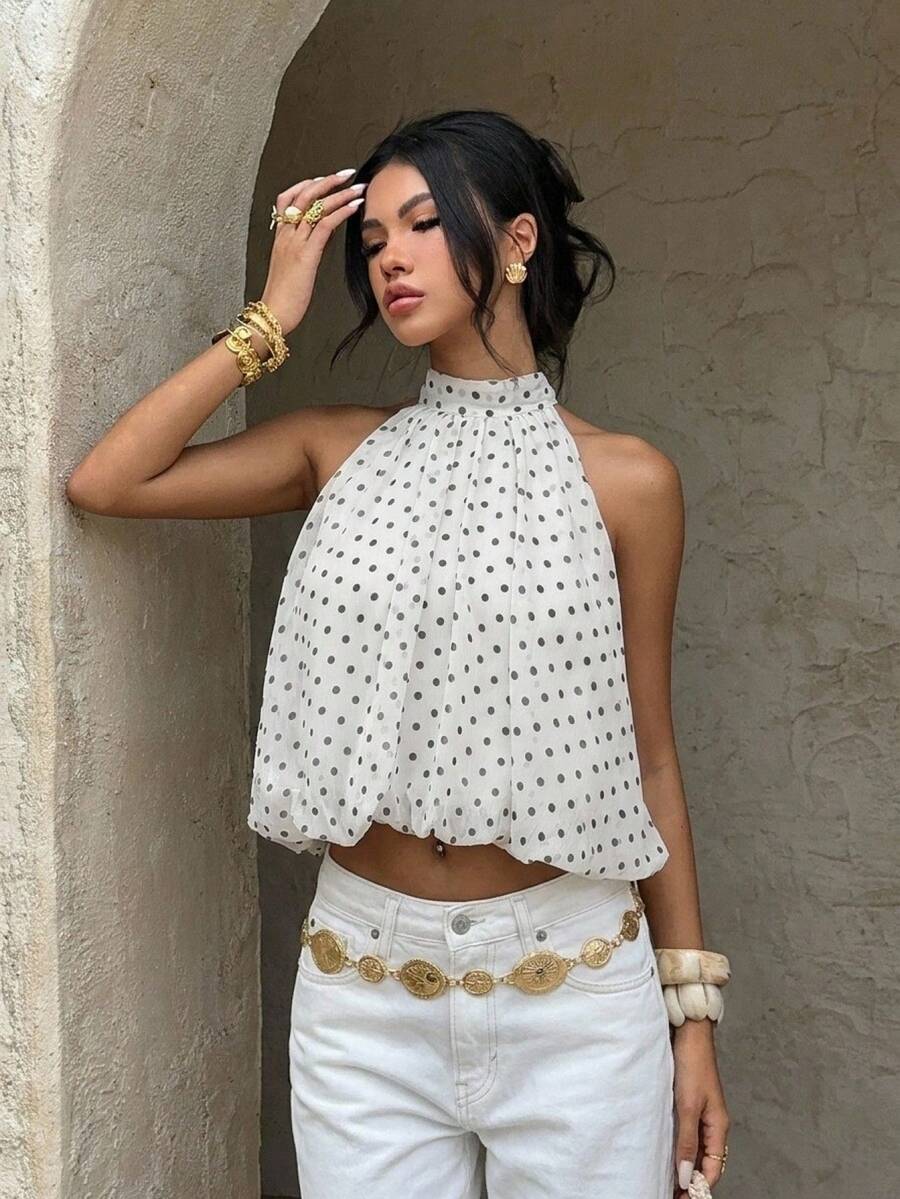 Blusa de verano casual de mujer con estampado de lunares y escote halter