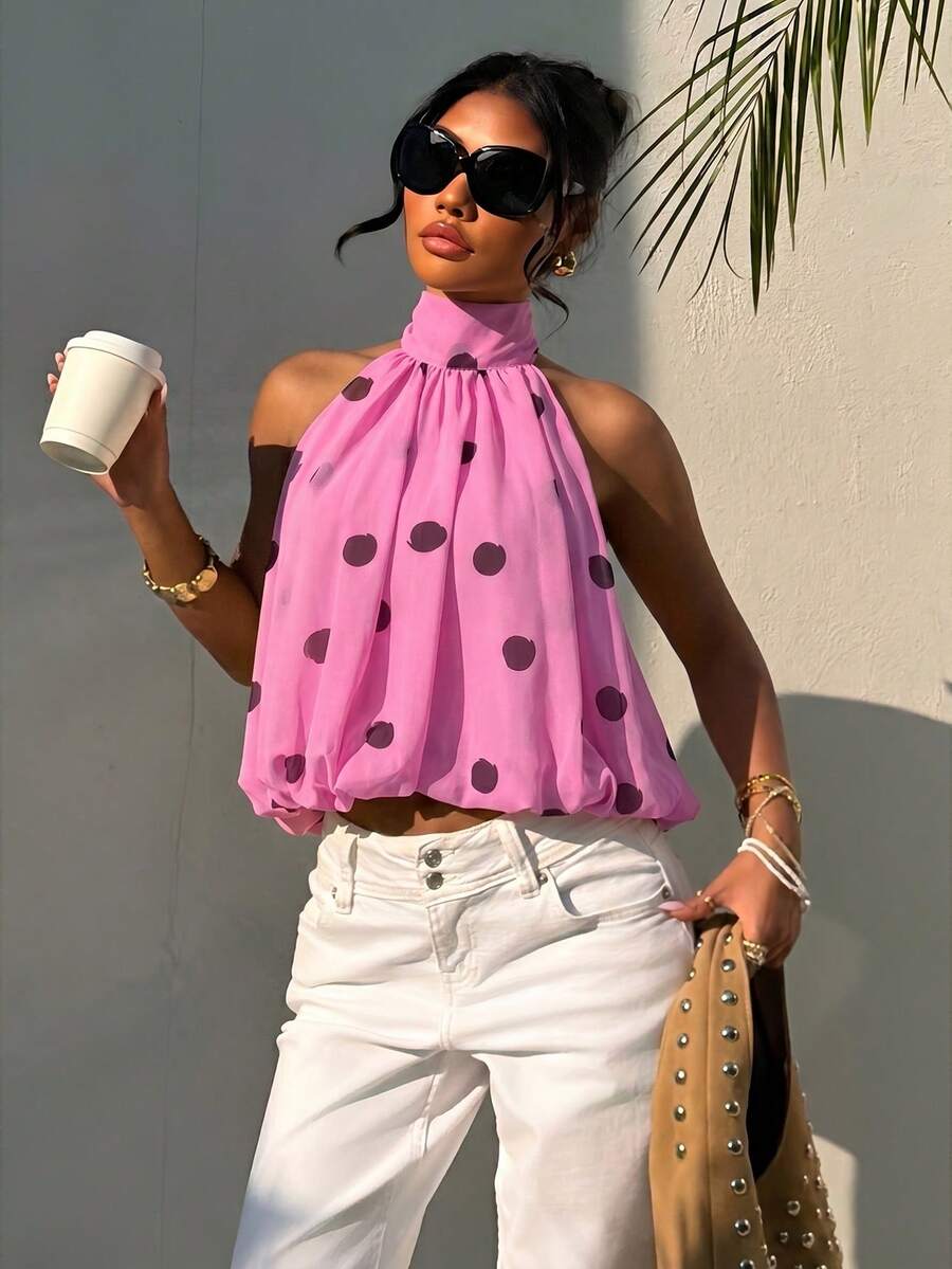 Blusa de verano casual de mujer con estampado de lunares y escote halter