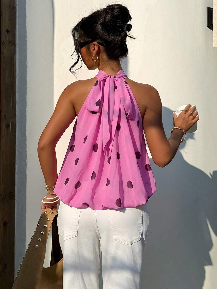 Blusa de verano casual de mujer con estampado de lunares y escote halter