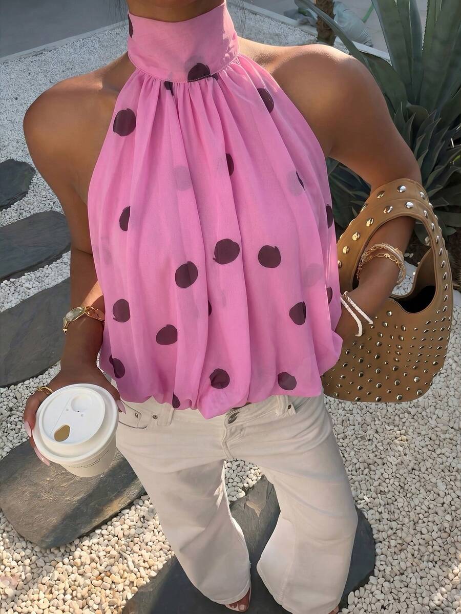 Blusa de verano casual de mujer con estampado de lunares y escote halter
