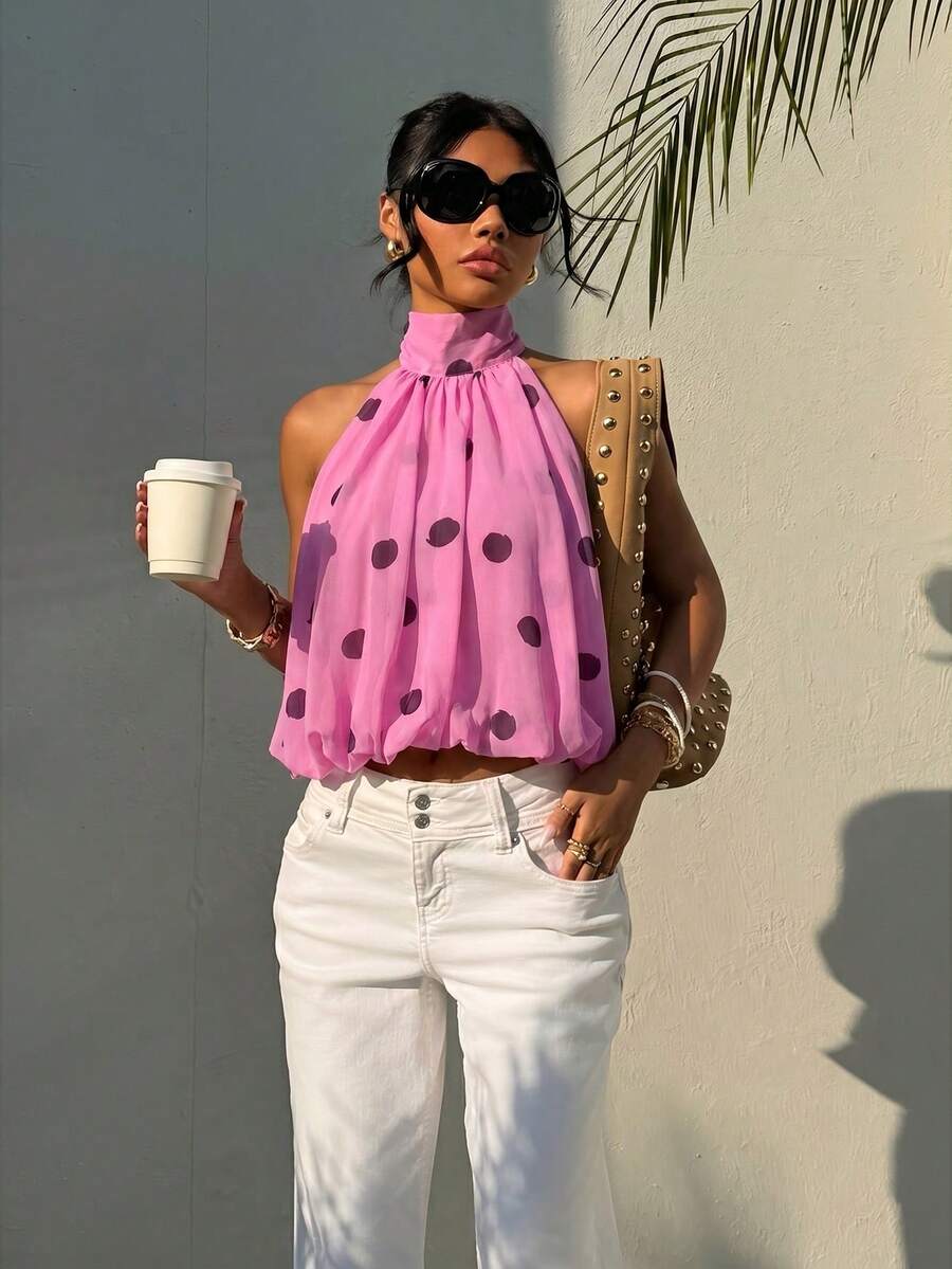 Blusa de verano casual de mujer con estampado de lunares y escote halter