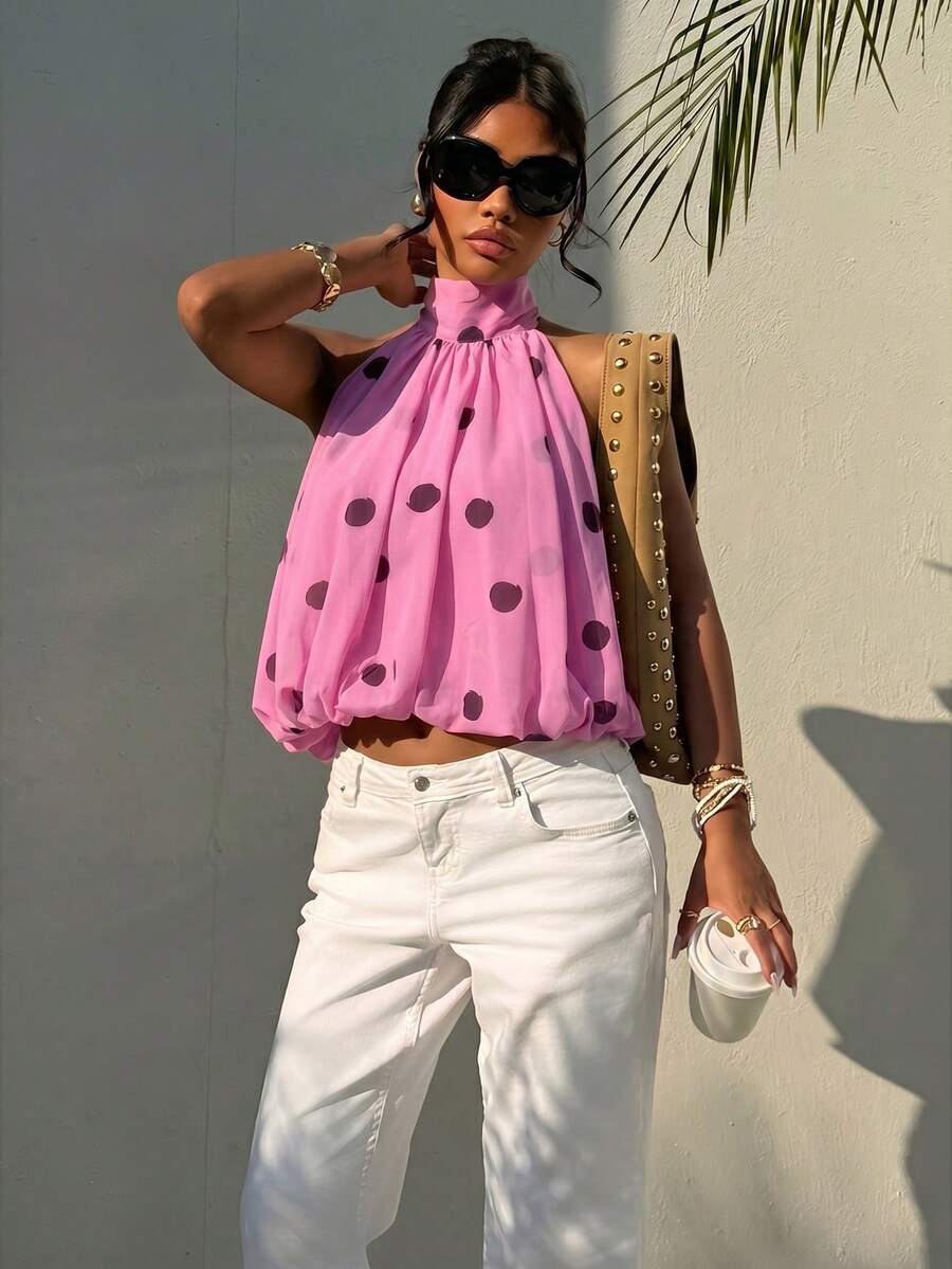 Blusa de verano casual de mujer con estampado de lunares y escote halter