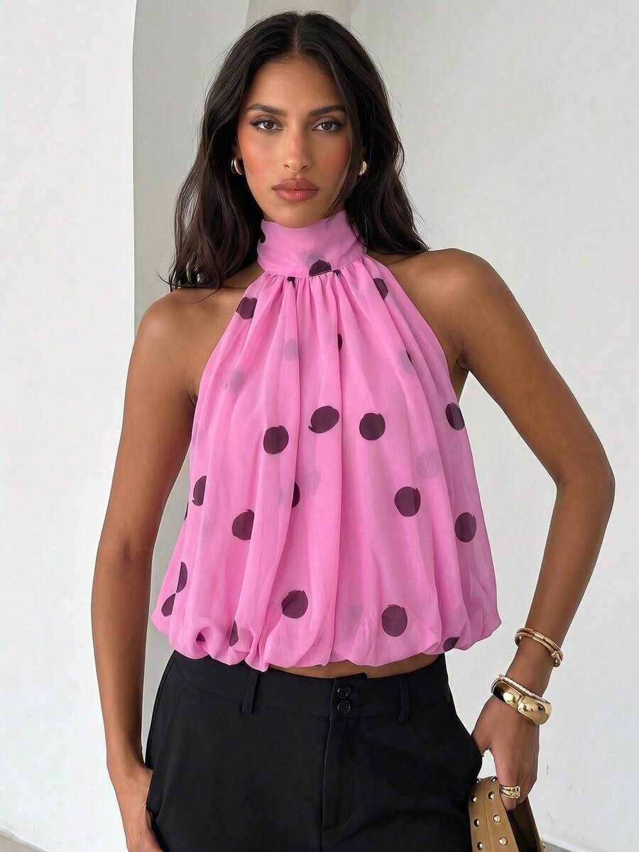 Blusa de verano casual de mujer con estampado de lunares y escote halter