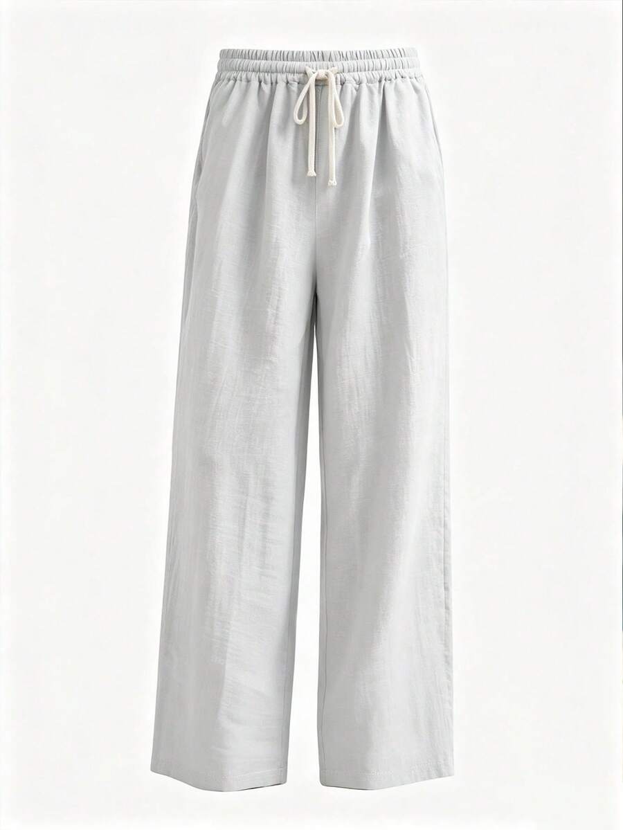 Pantalones casuales sueltos de lino negro tejido, adecuados para primavera/otoño/verano
