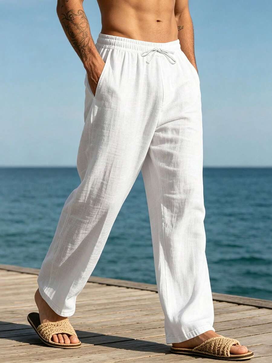Pantalones casuales sueltos de lino negro tejido, adecuados para primavera/otoño/verano