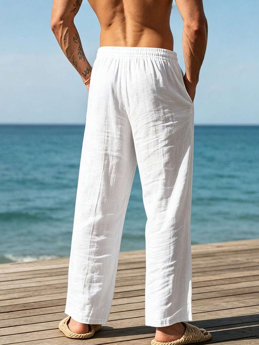 Pantalones casuales sueltos de lino negro tejido, adecuados para primavera/otoño/verano
