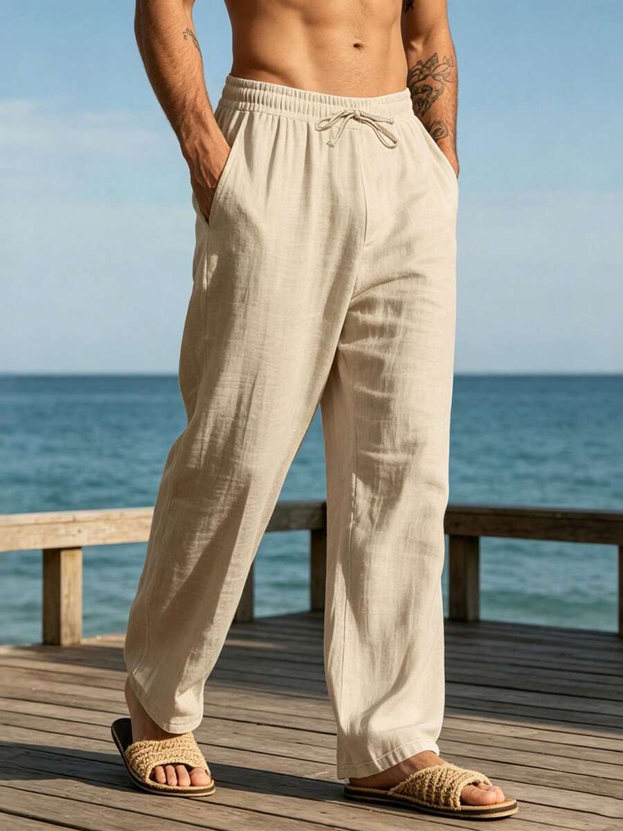 Pantalones casuales sueltos de lino negro tejido, adecuados para primavera/otoño/verano