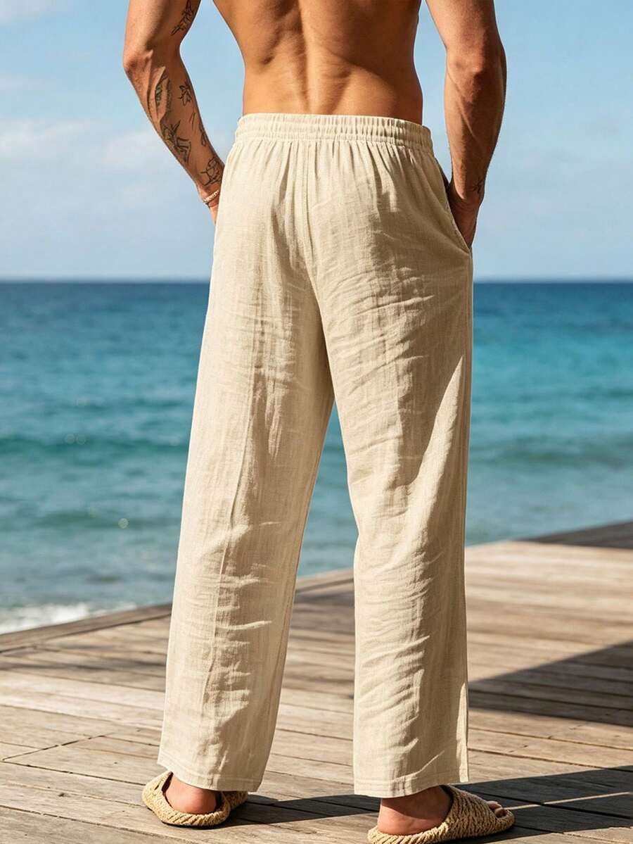 Pantalones casuales sueltos de lino negro tejido, adecuados para primavera/otoño/verano