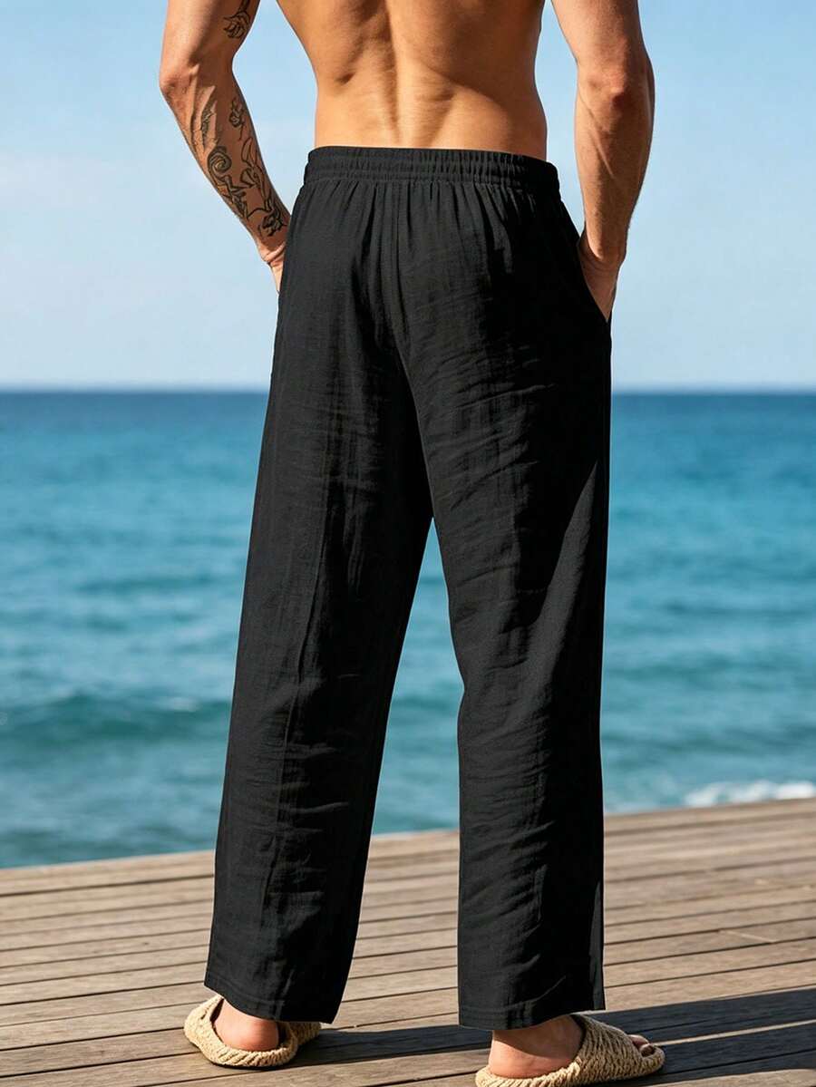 Pantalones casuales sueltos de lino negro tejido, adecuados para primavera/otoño/verano