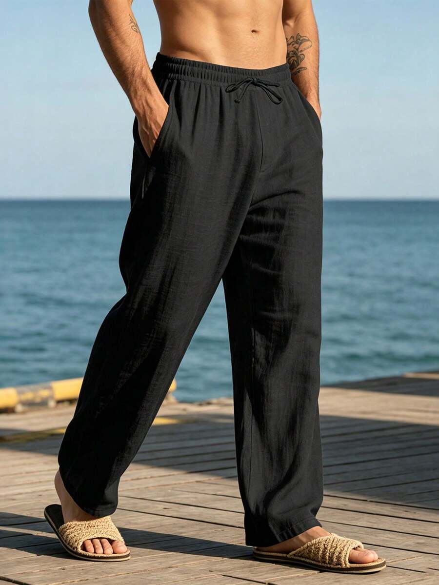 Pantalones casuales sueltos de lino negro tejido, adecuados para primavera/otoño/verano
