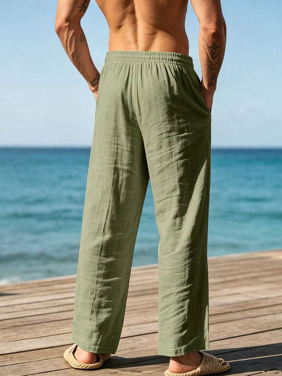 Pantalones casuales sueltos de lino negro tejido, adecuados para primavera/otoño/verano