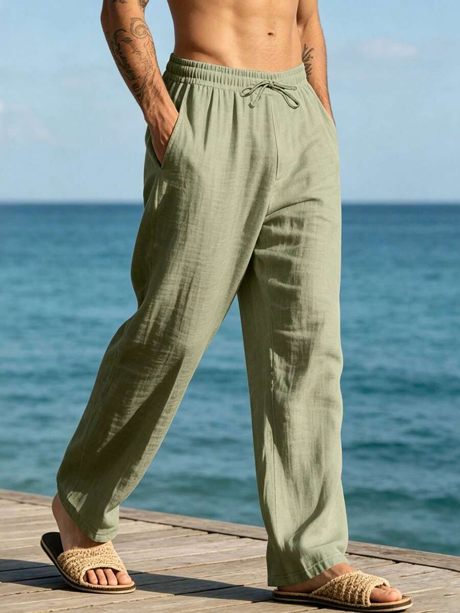 Pantalones casuales sueltos de lino negro tejido, adecuados para primavera/otoño/verano