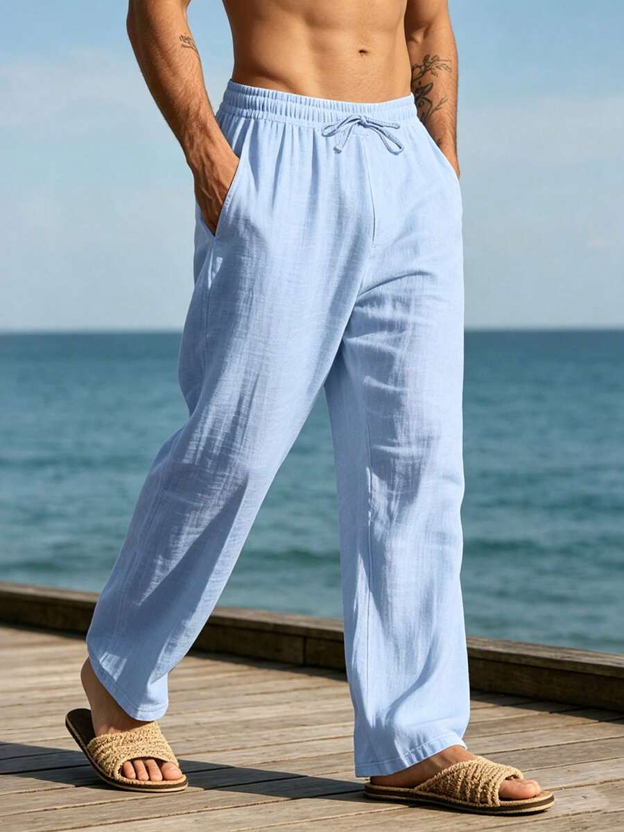 Pantalones casuales sueltos de lino negro tejido, adecuados para primavera/otoño/verano