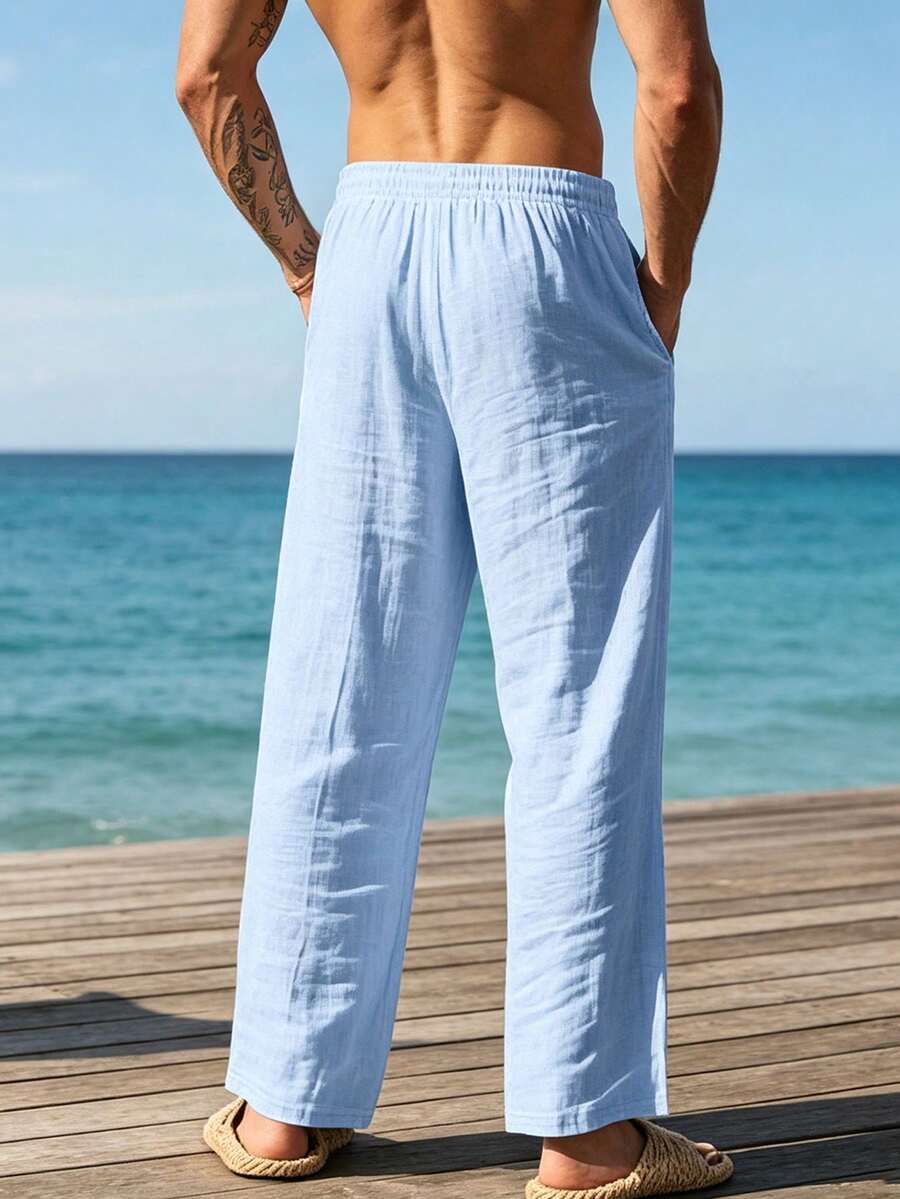 Pantalones casuales sueltos de lino negro tejido, adecuados para primavera/otoño/verano