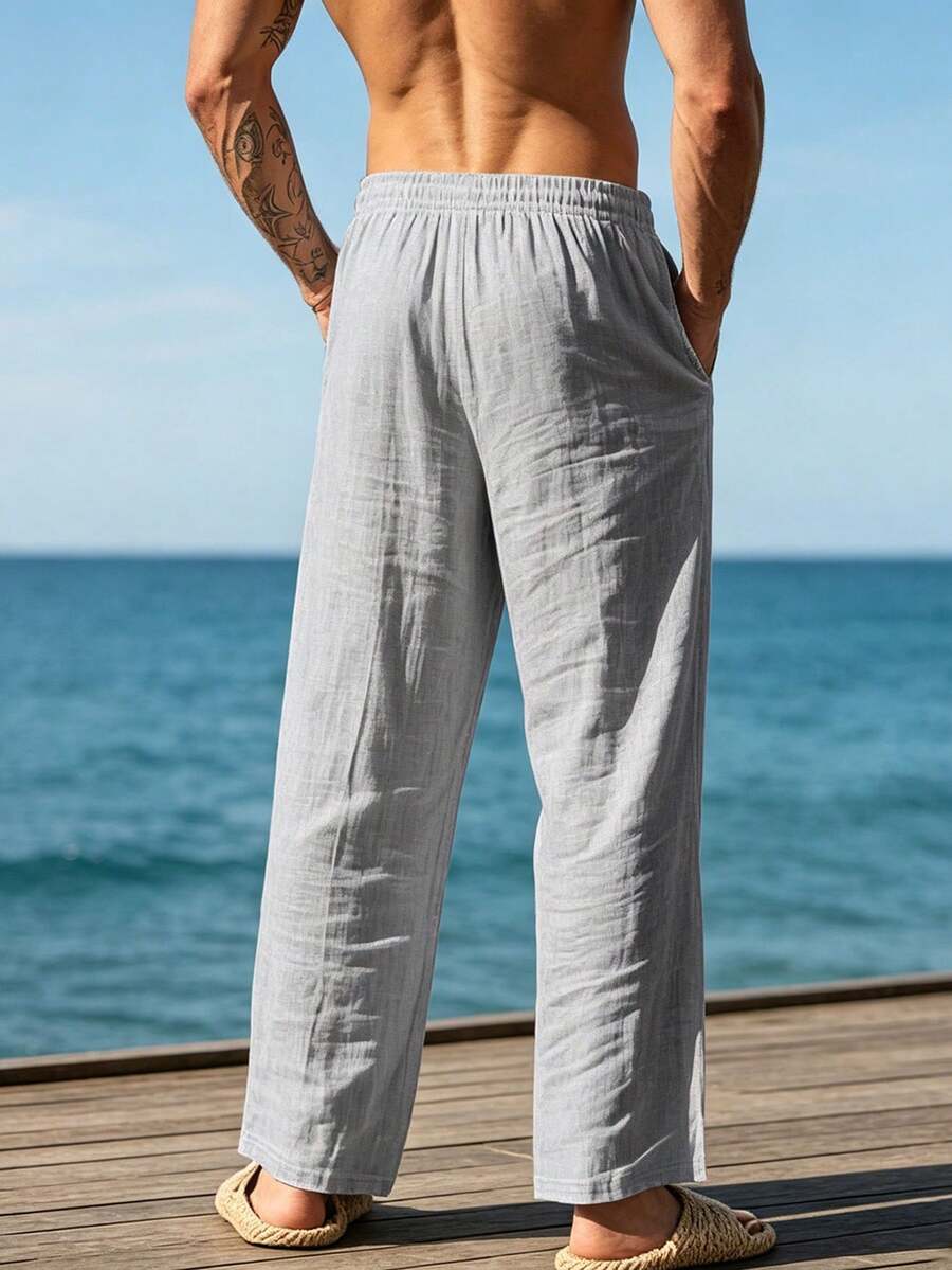 Pantalones casuales sueltos de lino negro tejido, adecuados para primavera/otoño/verano