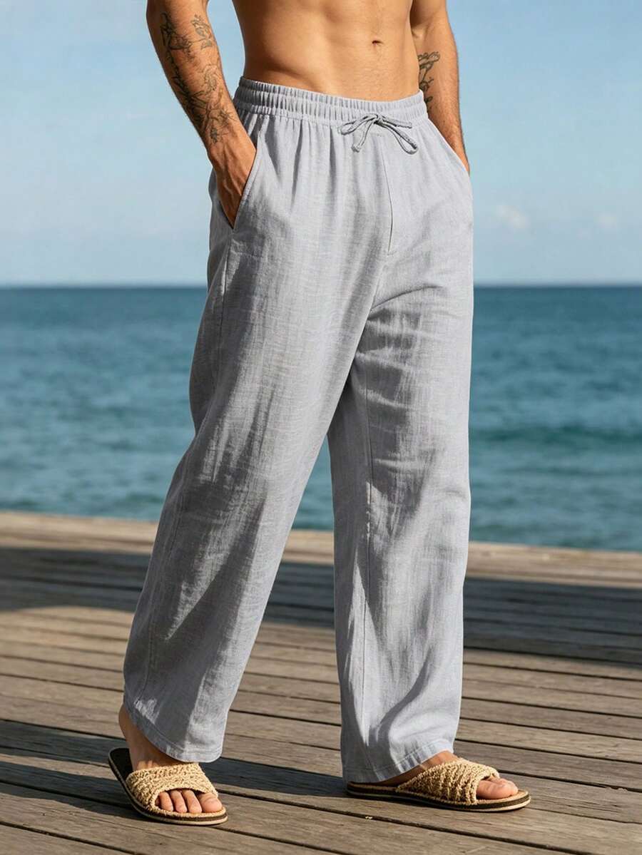 Pantalones casuales sueltos de lino negro tejido, adecuados para primavera/otoño/verano
